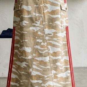 Women’s Beige and White Camouflage Midi Skirt with Red Side Stripes